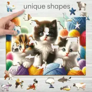 Kiscicák és fonalgombolyag fa puzzle